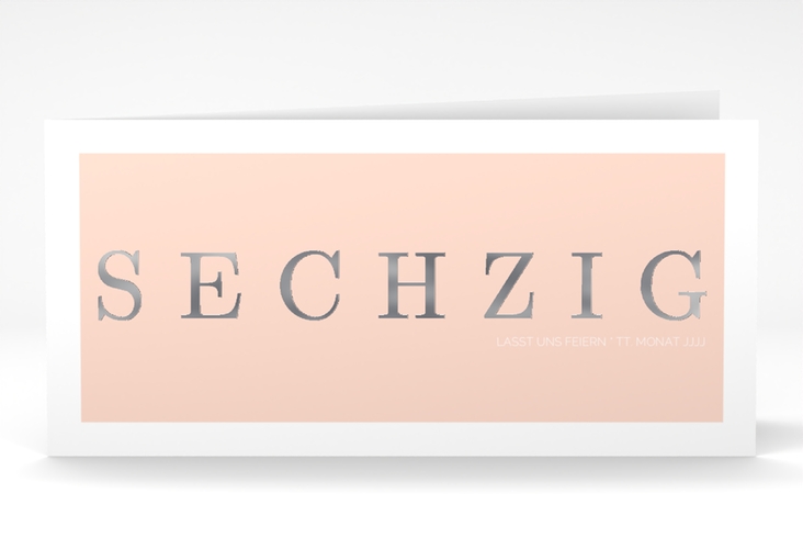 Einladung 60. Geburtstag Schlicht lange Klappkarte quer apricot silber