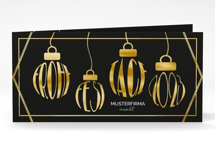 Geschäftliche Weihnachtskarte Goldkugel lange Klappkarte quer schwarz gold