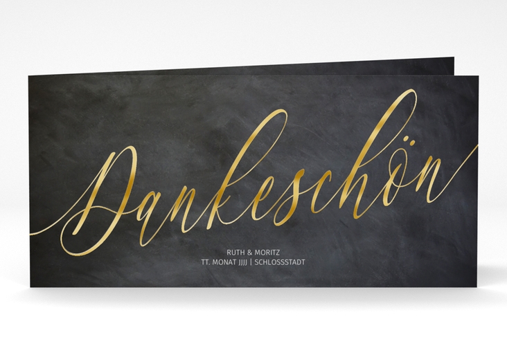 Danksagungskarte Hochzeit Chalkboard lange Klappkarte quer schwarz gold mit Folienveredelung