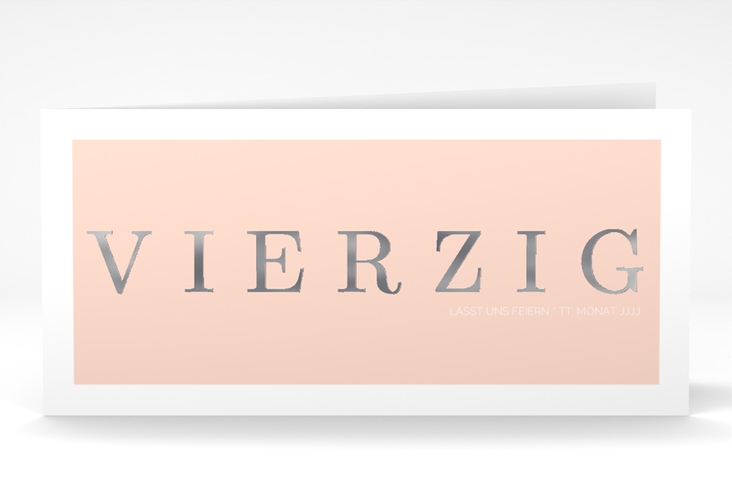 Einladung 40. Geburtstag Schlicht lange Klappkarte quer apricot silber