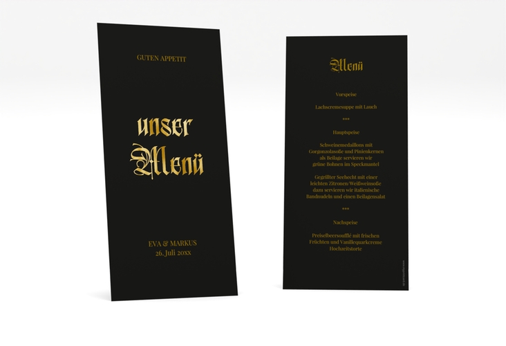 Menükarte Hochzeit Wednesday lange Karte hoch schwarz gold