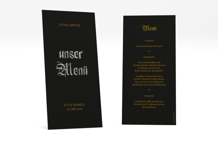 Menükarte Hochzeit Wednesday lange Karte hoch schwarz silber