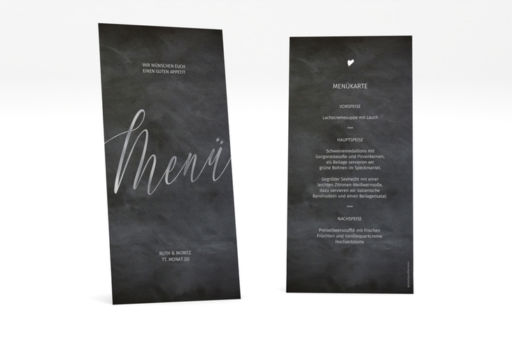 Menükarte Hochzeit Chalkboard lange Karte hoch schwarz silber mit Folienveredelung