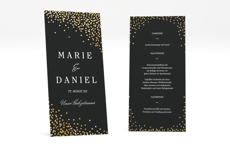 Menükarte Hochzeit Glitter lange Karte hoch schwarz gold