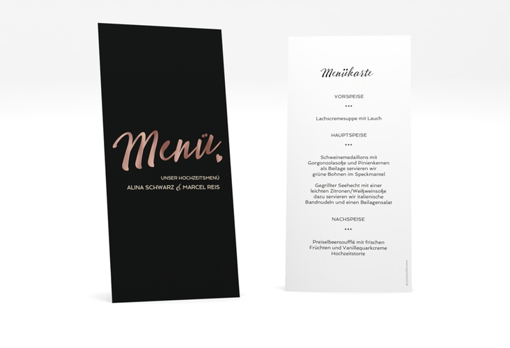Menükarte Hochzeit Glam lange Karte hoch schwarz rosegold