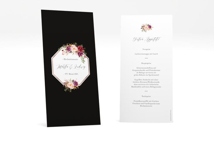 Menükarte Hochzeit Prachtvoll lange Karte hoch schwarz rosegold