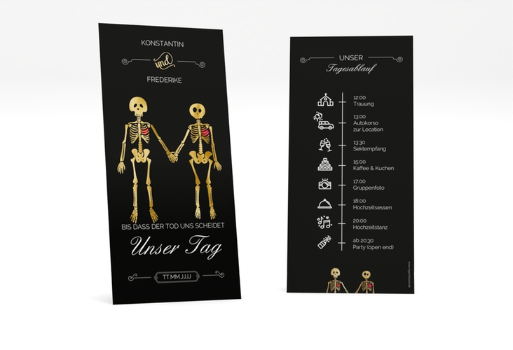 Tagesablauf Hochzeit Bones lange Karte hoch schwarz gold mit Skelett-Ehepaar im Cartoon-Stil