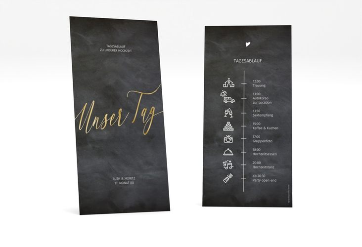 Tagesablauf Hochzeit Chalkboard lange Karte hoch schwarz gold