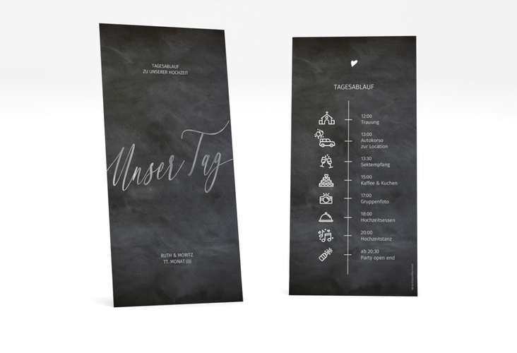 Tagesablauf Hochzeit Chalkboard lange Karte hoch schwarz silber