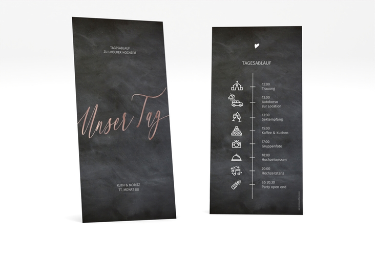 Tagesablauf Hochzeit Chalkboard lange Karte hoch schwarz rosegold