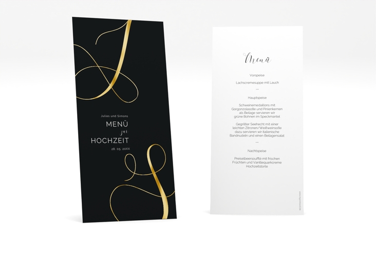 Menükarte Hochzeit Eheschließung lange Karte hoch schwarz gold