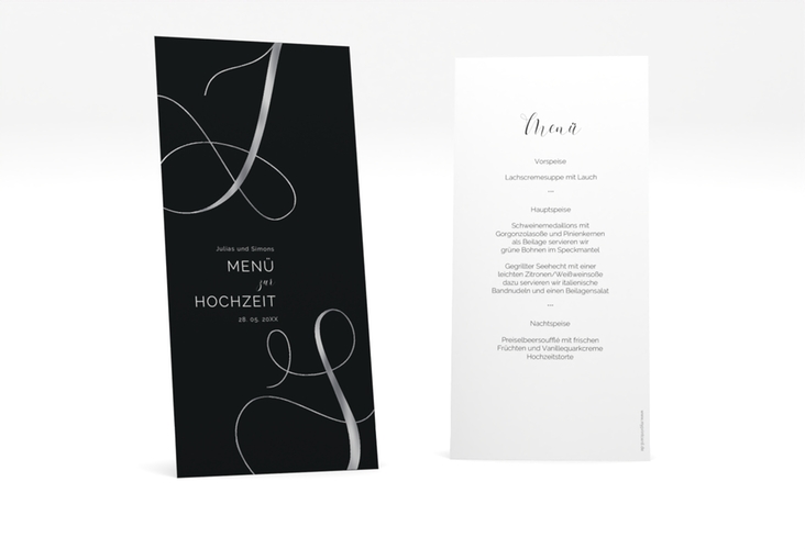 Menükarte Hochzeit Eheschließung lange Karte hoch schwarz silber