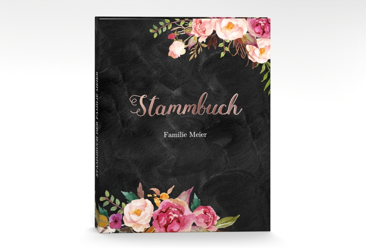 Stammbuch A4 Flowers Stammbuch A4 schwarz rosegold mit bunten Aquarell-Blumen