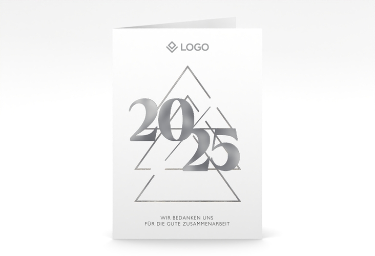 Geschäftliche Weihnachtskarte Geschäftsjahr A6 Klappkarte hoch weiss silber mit Tanne und Stechpalme im Schiefertafel-Look