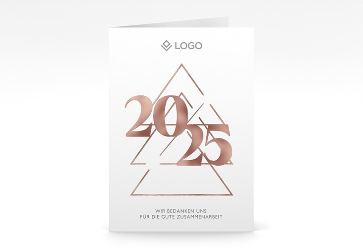 Geschäftliche Weihnachtskarte Geschäftsjahr A6 Klappkarte hoch weiss rosegold mit Tanne und Stechpalme im Schiefertafel-Look