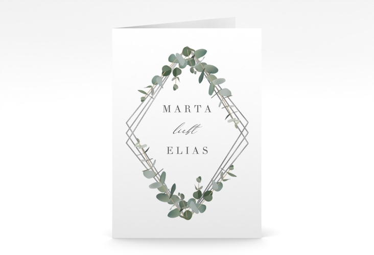Einladungskarte Hochzeit Eukalyptus A6 Klappkarte hoch weiss silber
