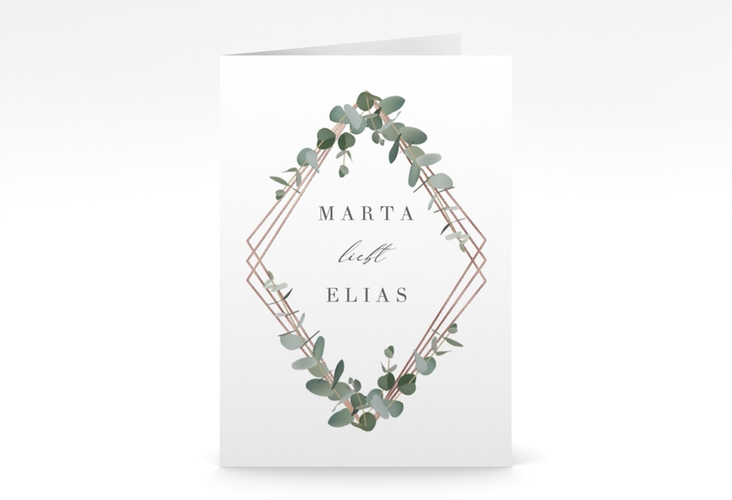 Einladungskarte Hochzeit Eukalyptus A6 Klappkarte hoch weiss rosegold