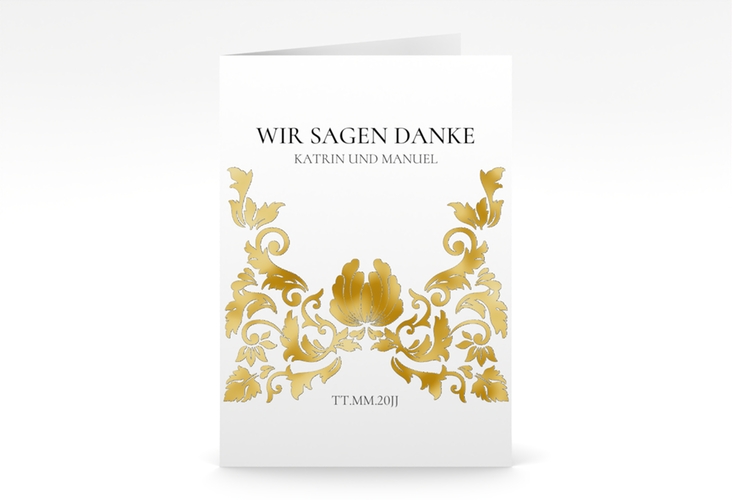 Danksagungskarte Hochzeit Royal A6 Klappkarte hoch weiss gold mit barockem Blumen-Ornament