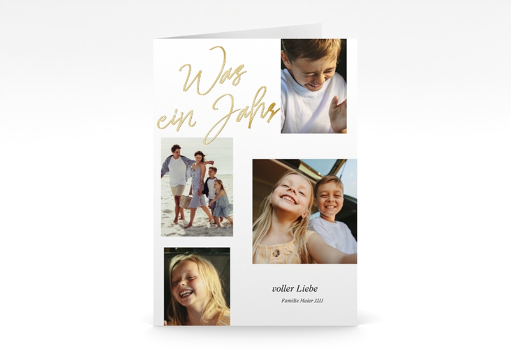 Weihnachtskarte Jahresrückblick A6 Klappkarte hoch weiss gold