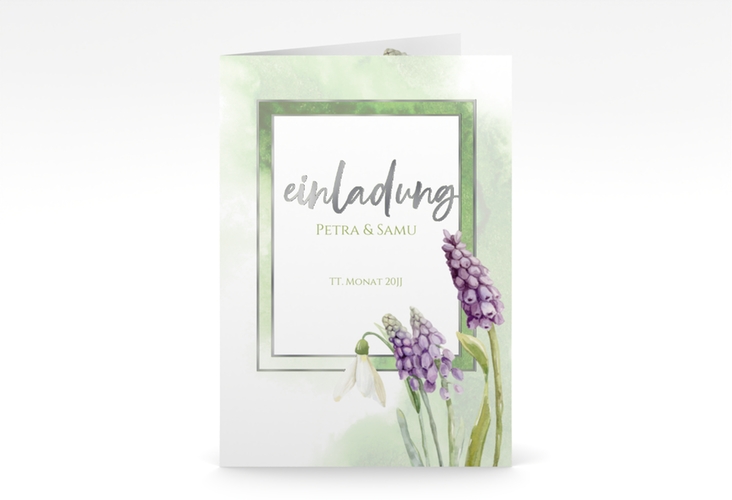 Einladungskarte Hochzeit Frühling A6 Klappkarte hoch gruen silber mit Frühlingsblumen in Aquarell
