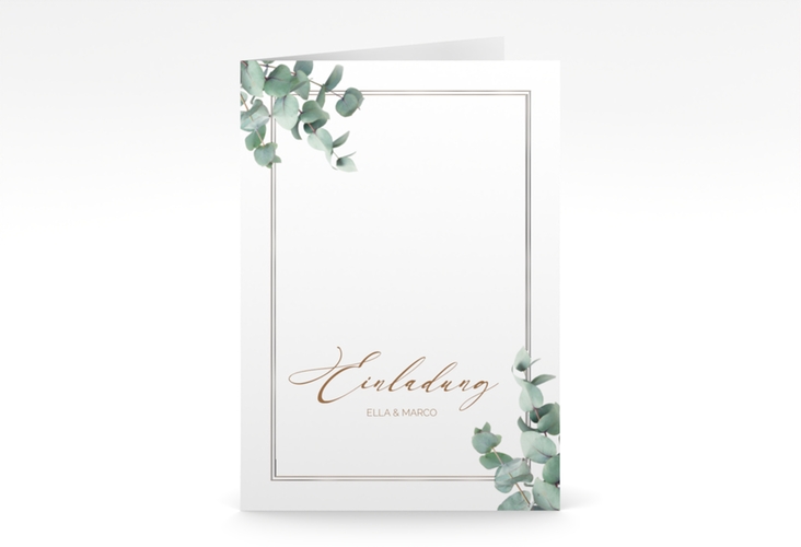 Einladungskarte Hochzeit Eucalypt A6 Klappkarte hoch weiss silber mit Eukalyptus und edlem Rahmen
