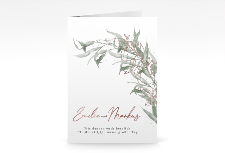 Danksagungskarte Hochzeit Eucalyptus Green A6 Klappkarte hoch weiss rosegold mit Gräsern und Trockenblumen für Boho-Hochzeit