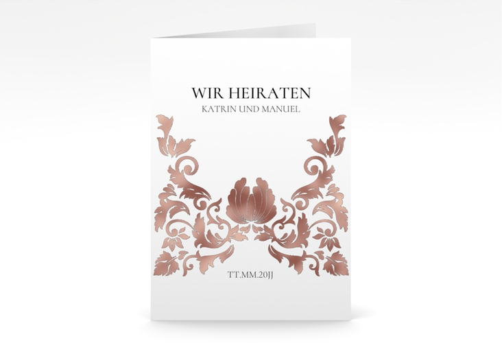 Einladungskarte Hochzeit Royal A6 Klappkarte hoch weiss rosegold mit barockem Blumen-Ornament