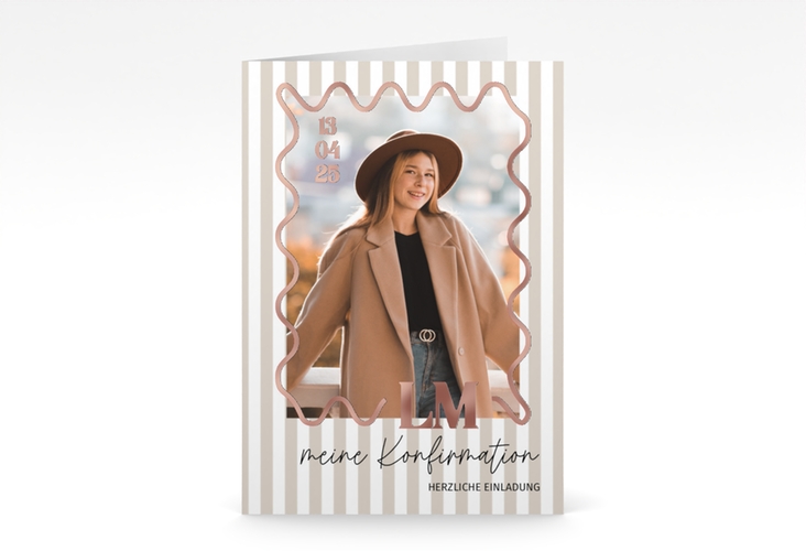 Konfirmationseinladung Modern Wave A6 Klappkarte hoch beige rosegold