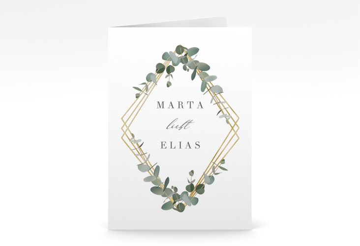 Einladungskarte Hochzeit Eukalyptus A6 Klappkarte hoch weiss gold