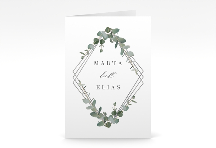 Einladungskarte Hochzeit Eukalyptus A6 Klappkarte hoch weiss silber