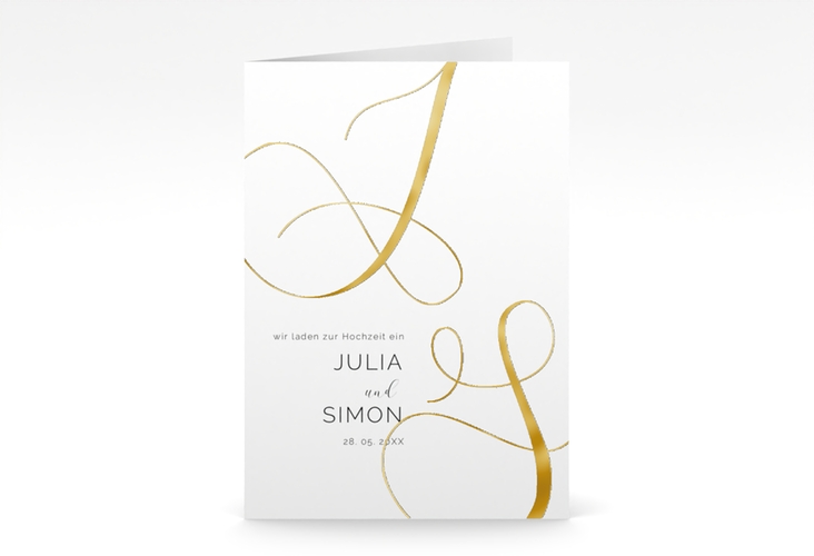 Hochzeitseinladung Eheschließung A6 Klappkarte hoch weiss gold mit Gräsern und Trockenblumen für Boho-Hochzeit