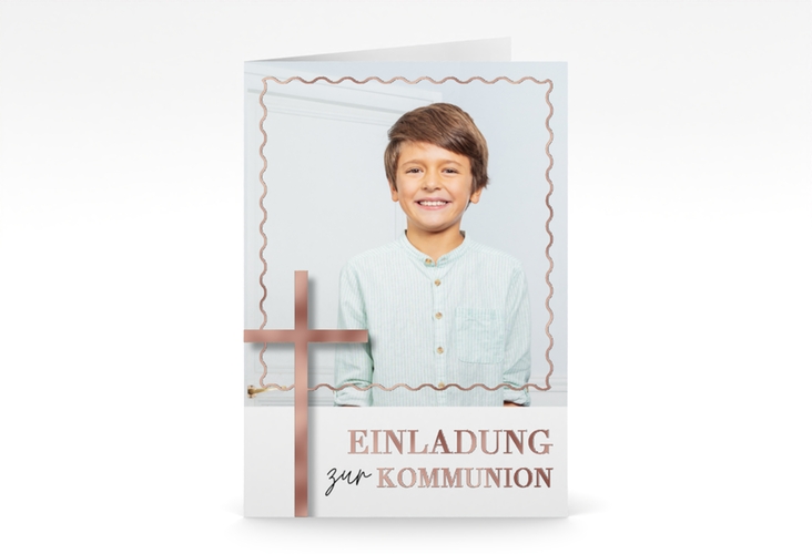 Kommunionseinladung Kirchenfest A6 Klappkarte hoch weiss rosegold