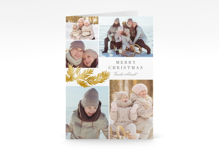 Weihnachtskarte Goldzweig A6 Klappkarte hoch weiss gold edel mit Foto-Collage