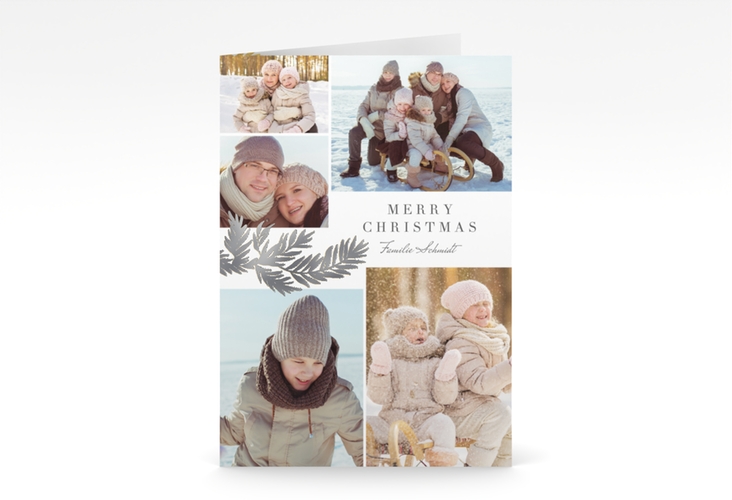 Weihnachtskarte Goldzweig A6 Klappkarte hoch weiss silber edel mit Foto-Collage