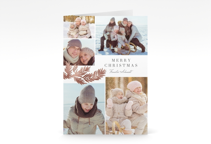 Weihnachtskarte Goldzweig A6 Klappkarte hoch weiss rosegold edel mit Foto-Collage