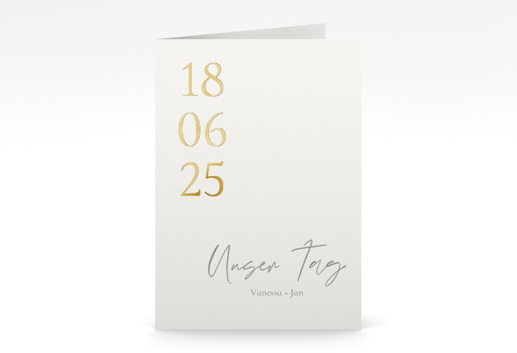 Dankeskarte Hochzeit Day A6 Klappkarte hoch weiss gold mit Datum im minimalistischen Design