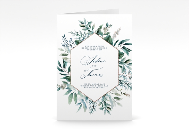 Einladungskarte Hochzeit Lumiere A6 Klappkarte hoch weiss rosegold