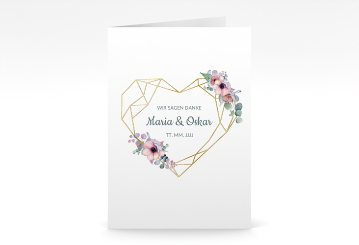 Dankeskarte Hochzeit Herzgold A6 Klappkarte hoch weiss gold mit Gräsern und Trockenblumen für Boho-Hochzeit