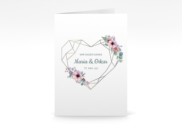Dankeskarte Hochzeit Herzgold A6 Klappkarte hoch weiss silber mit Gräsern und Trockenblumen für Boho-Hochzeit
