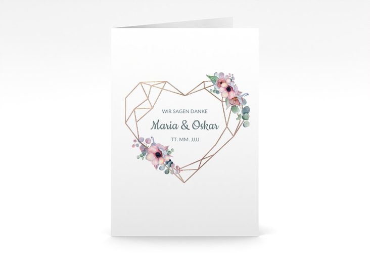 Dankeskarte Hochzeit Herzgold A6 Klappkarte hoch weiss rosegold mit Gräsern und Trockenblumen für Boho-Hochzeit