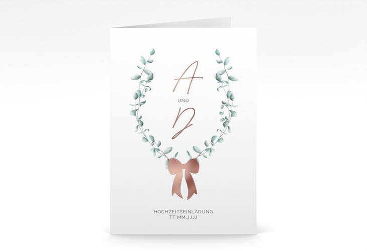 Einladungskarte Hochzeit Eucalypt Bow A6 Klappkarte hoch gruen rosegold
