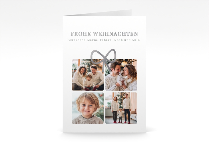 Weihnachtskarte Weihnachtsgeschenk A6 Klappkarte hoch weiss silber mit Tanne und Stechpalme im Schiefertafel-Look