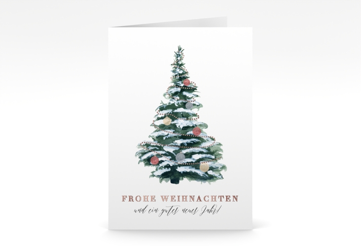 Geschäftliche Weihnachtskarte Wintertanne A6 Klappkarte hoch gruen rosegold mit dekoriertem Tannenbaum voll Schnee