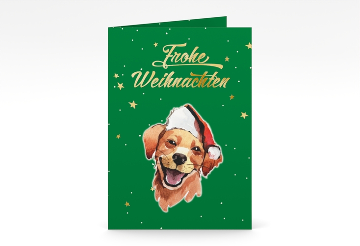 Weihnachtskarte Frosty A6 Klappkarte hoch gruen gold mit Hund mit Nikolausmütze