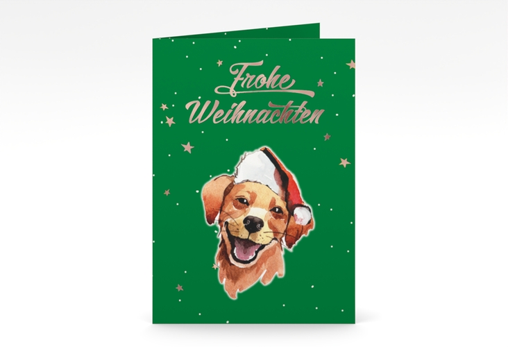 Weihnachtskarte Frosty A6 Klappkarte hoch gruen rosegold mit Hund mit Nikolausmütze