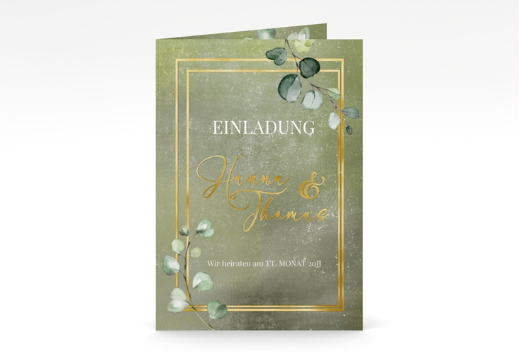Einladungskarte Hochzeit Jade A6 Klappkarte hoch gruen gold