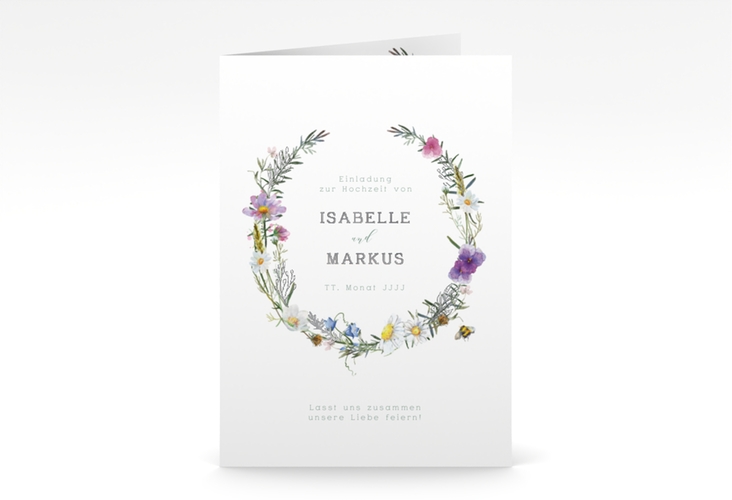 Einladungskarte Hochzeit Blumengarten A6 Klappkarte hoch weiss silber mit Blumenkranz und Hummel