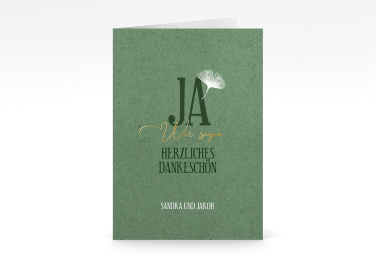 Danksagungskarte Hochzeit Ja A6 Klappkarte hoch gruen gold mit Ginkgo-Blatt