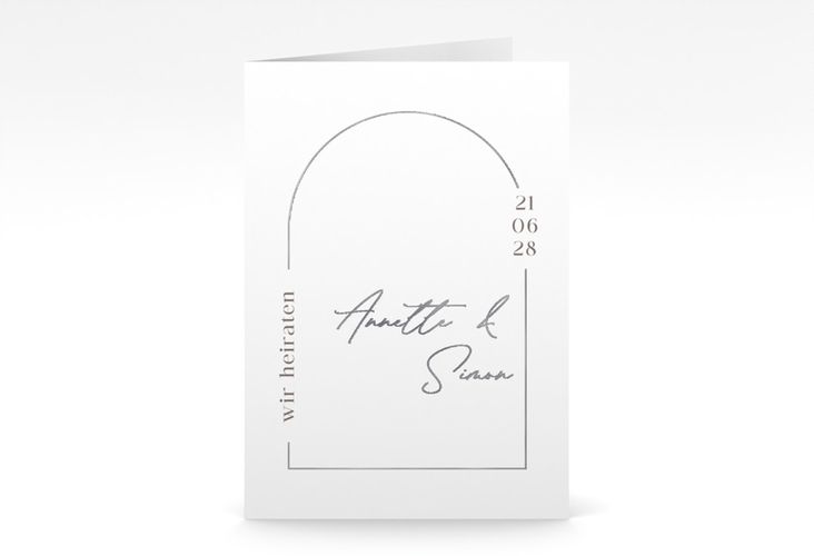 Einladungskarte Hochzeit Rundung A6 Klappkarte hoch weiss silber