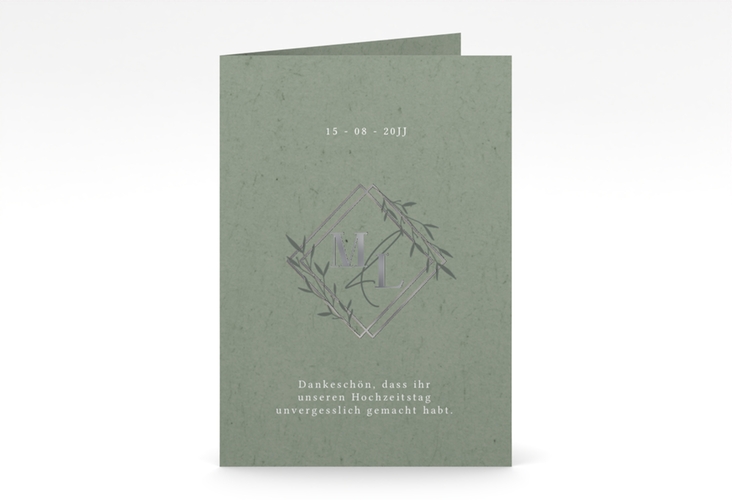 Danksagungskarte Hochzeit Greenletter A6 Klappkarte hoch gruen silber mit Initialen in elegantem Goldrahmen mit Blättern
